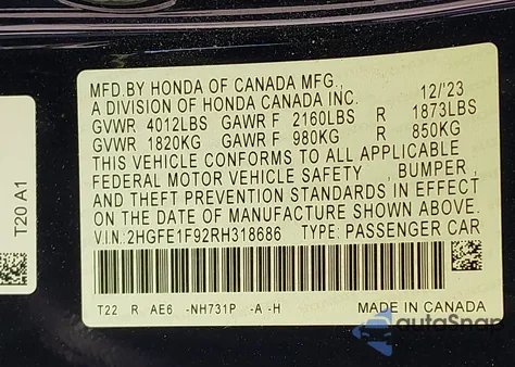2024 Honda Civic Touring from USA, damaged, VIN 2HGFE1F92RH318686